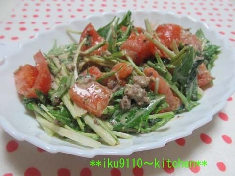 挽肉水菜トマトのマスタードマヨサラダ